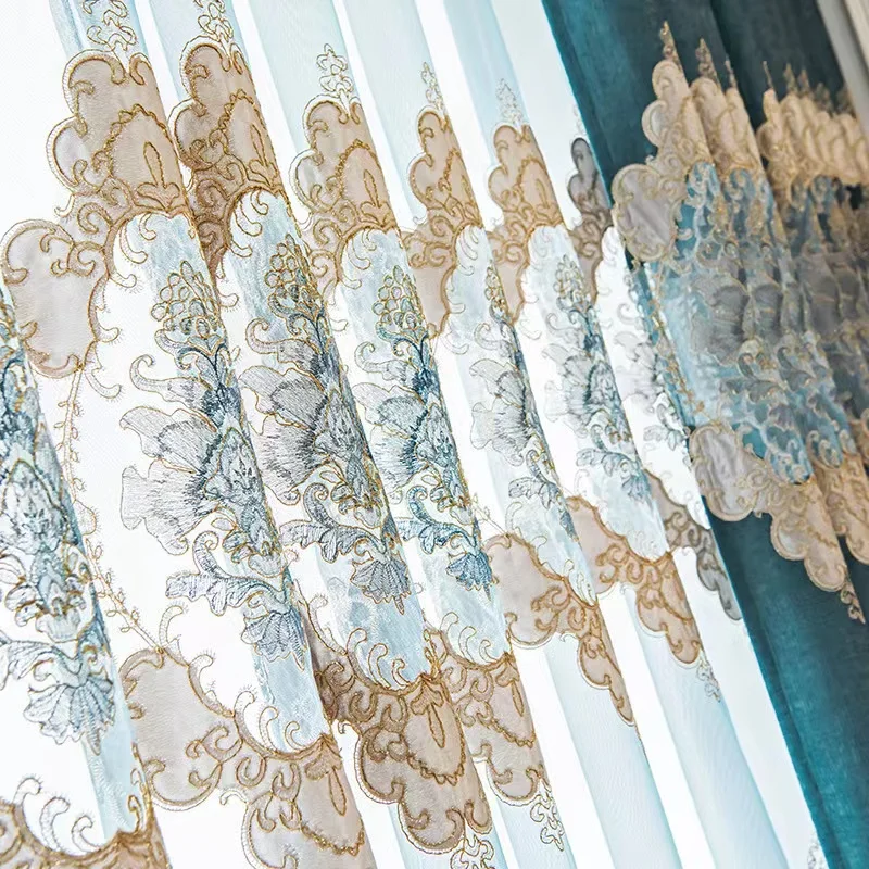 Custom Two Kinds Of Fabric Window Luxury European Embroidered Curtain For Bedroom