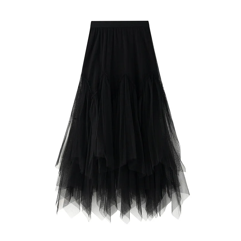 2024 Women Long Tulle Skirts Ladies High Waist Ankle-Length Tutu Maxi Skirts Beige Green Female irregular dress Femme