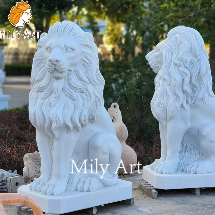 Wholesale Hand Carved Life Size Front Door Lion Statue Sculpture in Marble