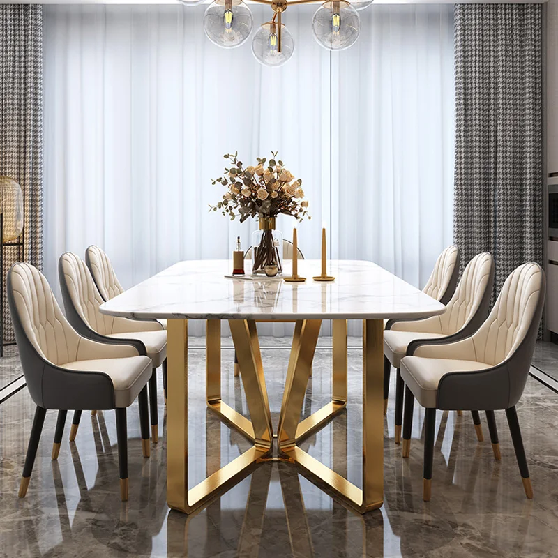 Modern luxury marble style but rock slab top with glass dining table and dining table set 8 seater