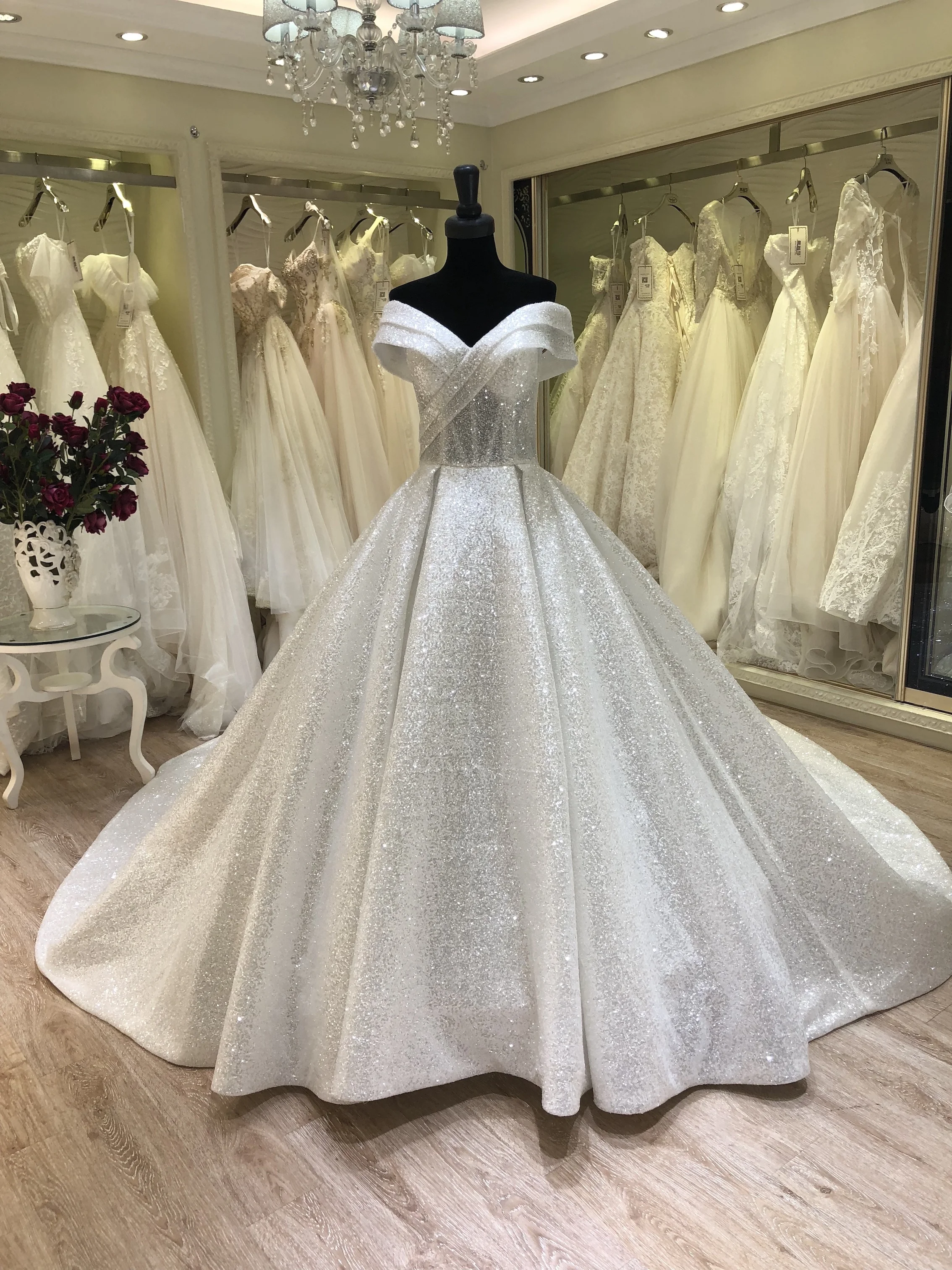 2021 real sample off shoulder chapel train wedding dress robe de mariage bling bling bridal dress