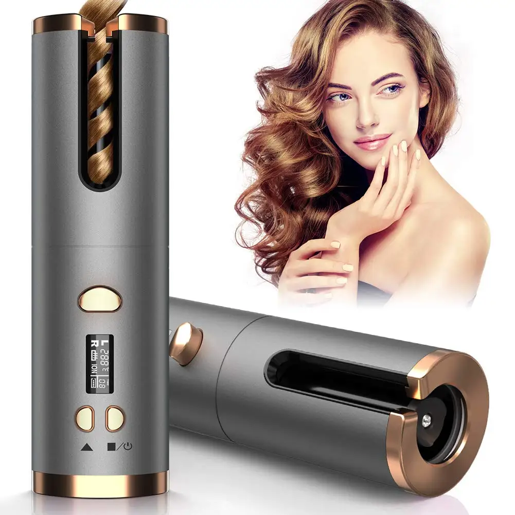 USB Rechargeable Wireless Automatic Hair Curler, LCD Display Hair Curler Auto Design Rotating Curling Iron Automatic Wand Roller