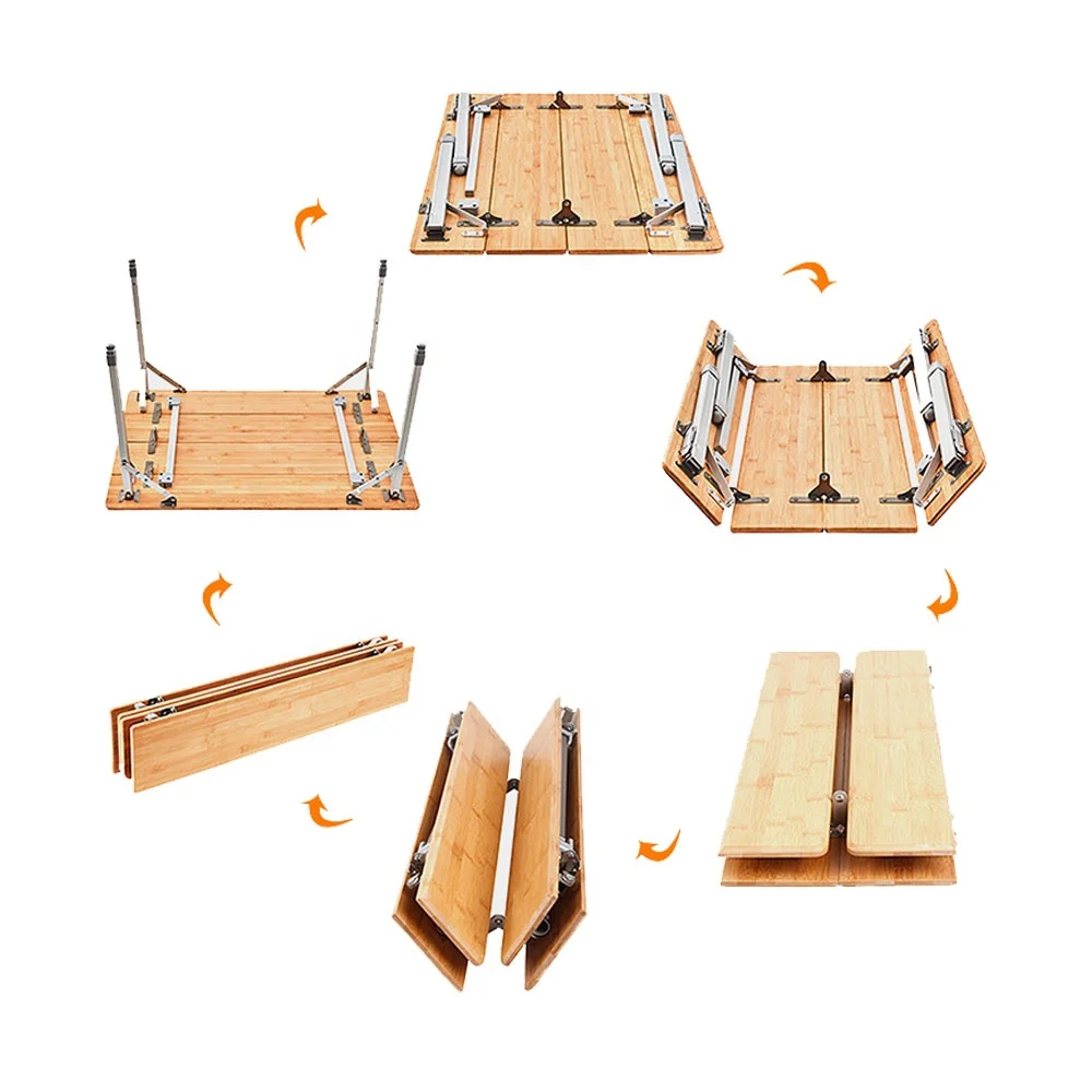 YILU Folding Bamboo Table Camping Wood Picnic Table with Adjustable Legs Heavy Duty 4-Folds Portable Bamboo Camp Tables