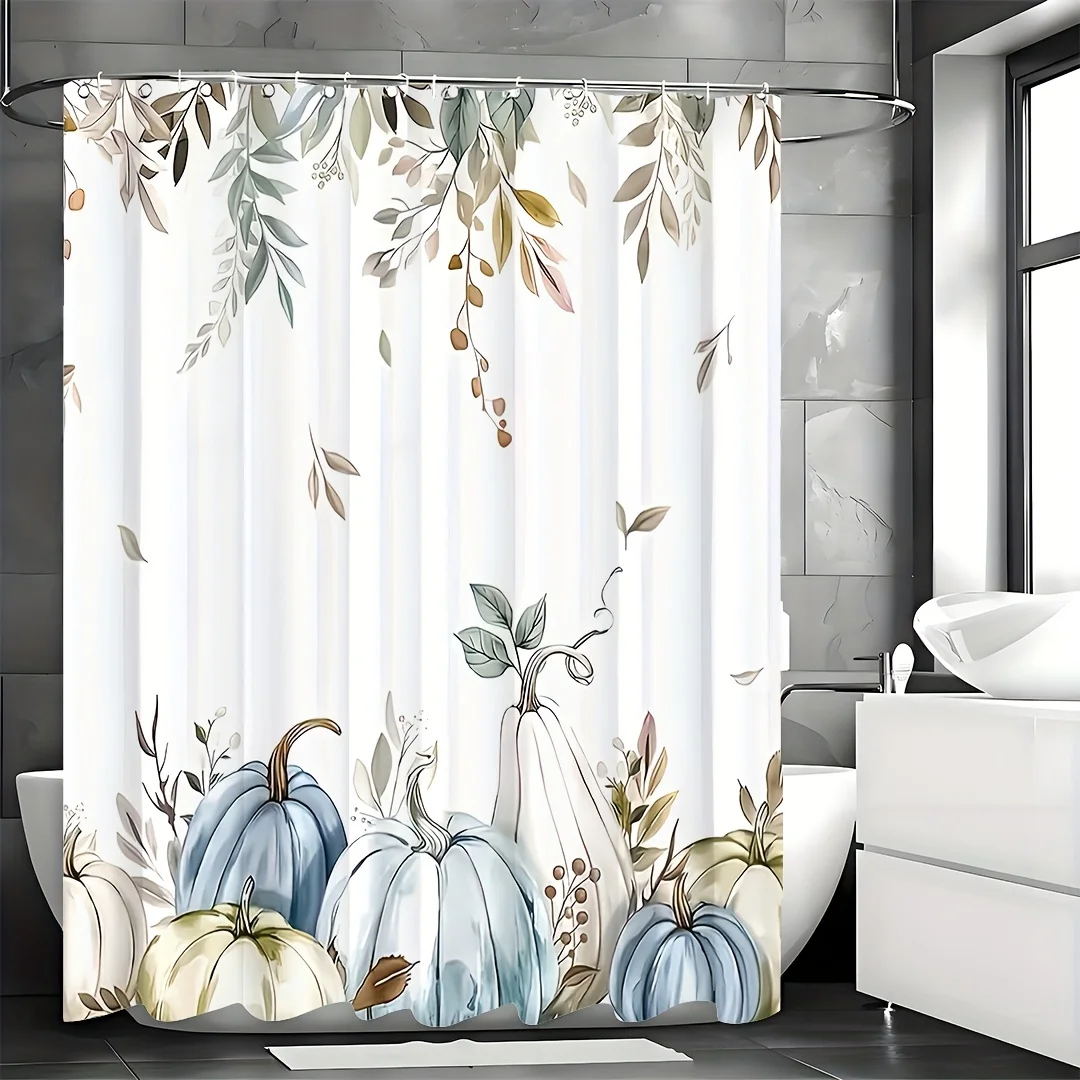 Autumn Pumpkin & Leaves Watercolor Shower Curtain - Royal Blue, Simple Style with Hooks