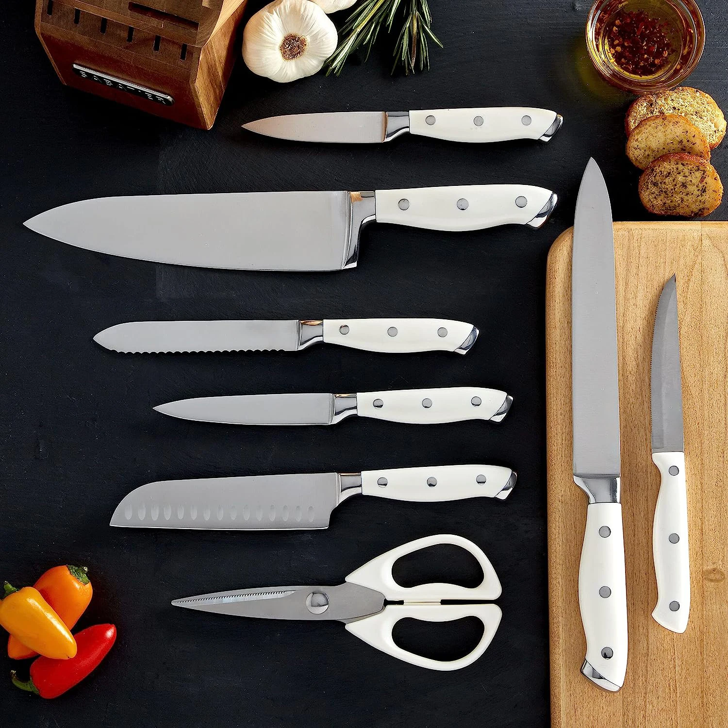 High Carbon Stainless Steel Kitchen Knives Bread Chef Santoku  Cleaver Boning Utility Paring Knife with Acacia Wood Block