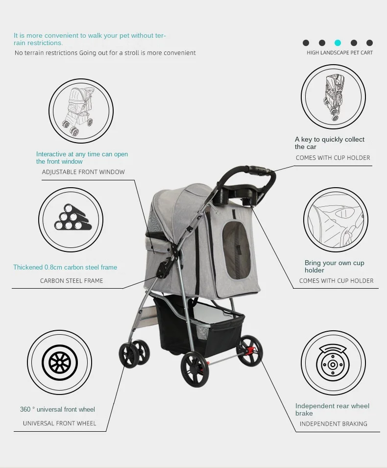 Portable Outdoor Pet Cat Dog Stroller Cart with Cup Holder Dog Pet Trolley Dog Carrier with Wheels