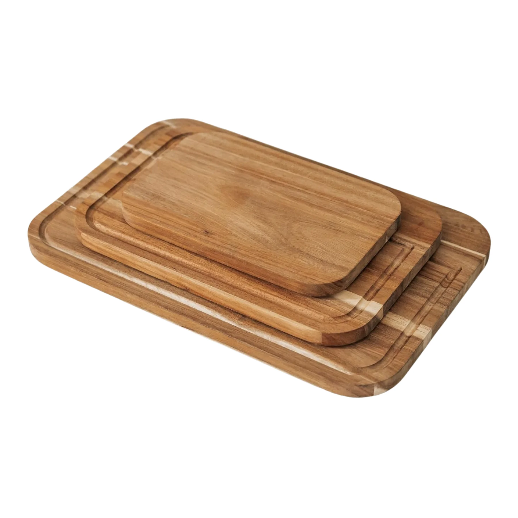 Customizable 3 pcs natural acacia wood cutting board set with juice groove and non-slip feet thick wooden serving tray plate