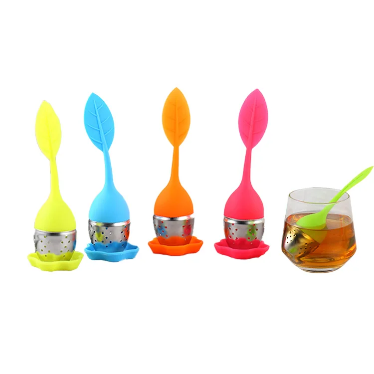 Hot sale new Practical Tools Leaf Shape Silicone  ith Drip Tray Stainless Steel Tea Infuser Strainer