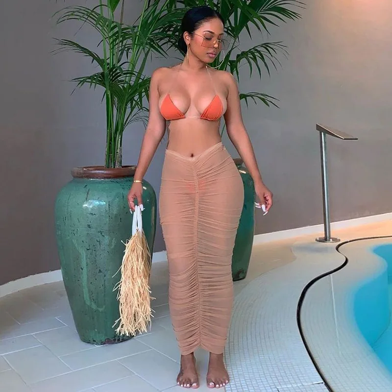 2021 summer pleated sexy see through beach skirts fashion women maxi skirts