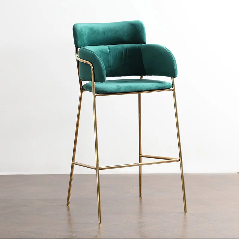 Luxury Nordic Home Furniture Metal Frame Fabric Soft Cushion Luxury High Chair Bar Stool With Back Footrest