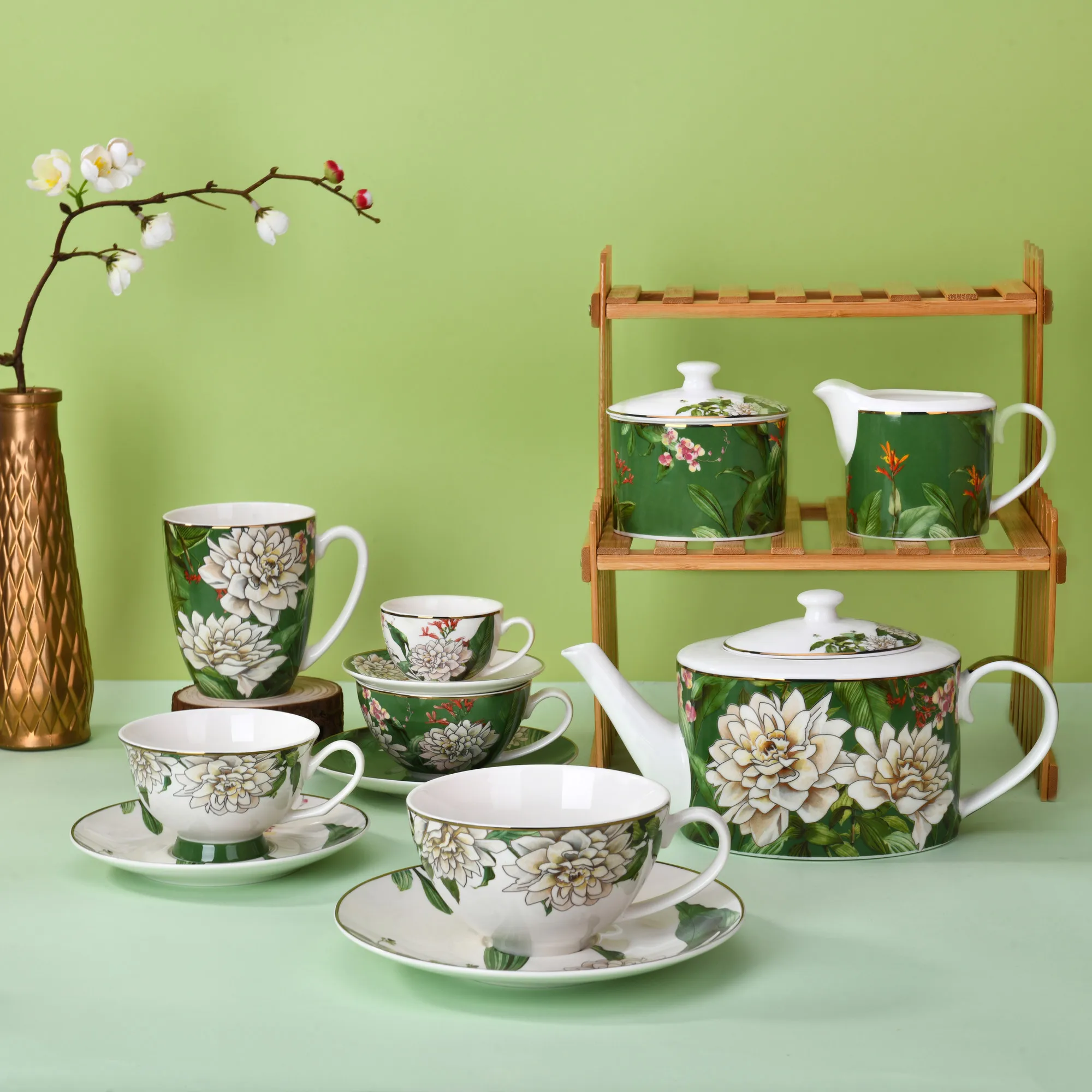 Custom Logo Bone China Coffee Tea Cup Set Ceramic Mugs Cup Set Coffee Tea Pot Canister Sublimation Porcelain Coffee And Tea Sets