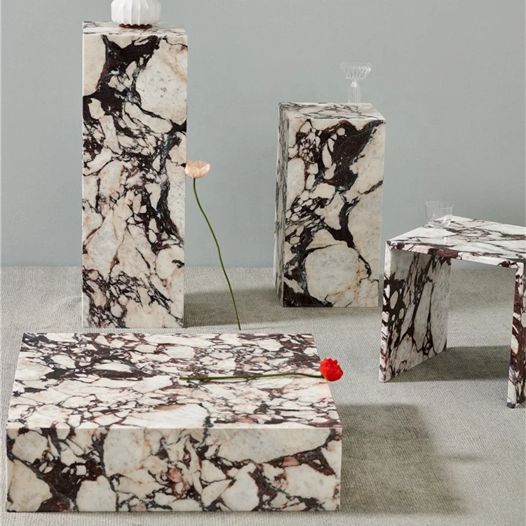 Роскошный Гостиничный фиолетовый травертин Calacatta, Высокий Низкий стенд, витринный центр, Белый журнальный столик Arabescato Viola Marble Plinth