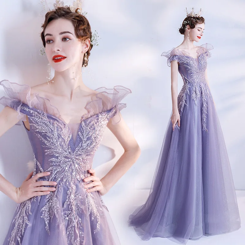 Summer New Unique Romantic Bright Purple Temperament Long Bridal Wedding Banquet Wedding Evening Dress