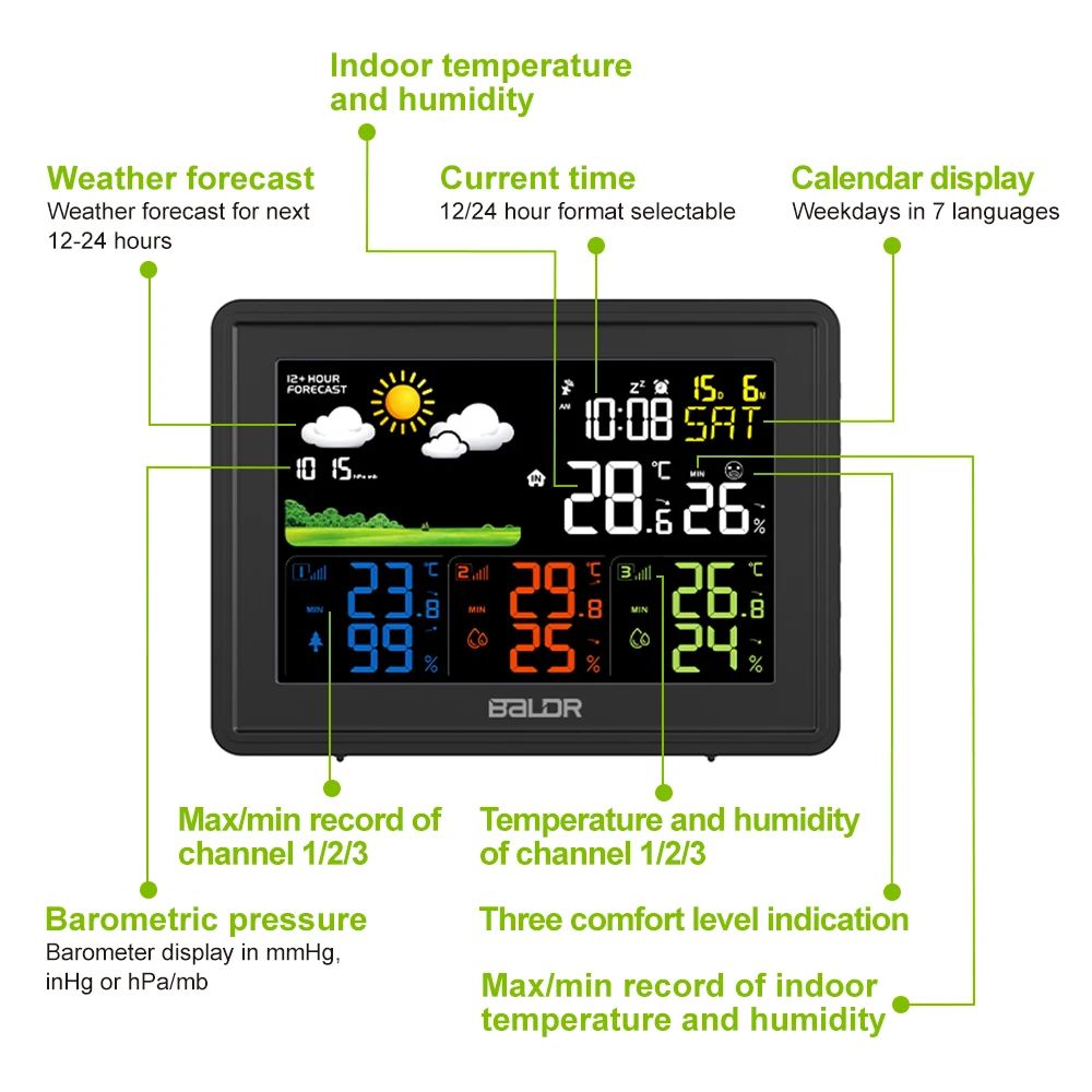 
BALDR B0359 Digital Weather Forecast Weather Station Indoor Outdoor Temperature Humidity Alarm Clock 