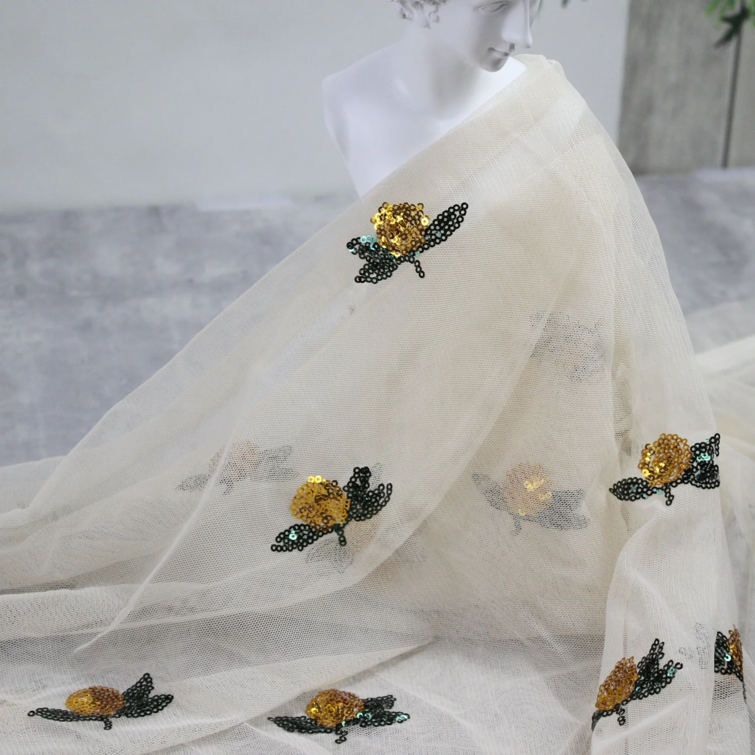 hot sale in stock  yellow lemon embroidery fabric french lace glitter sequin embroidery mesh fabrics for kids clothing and dress