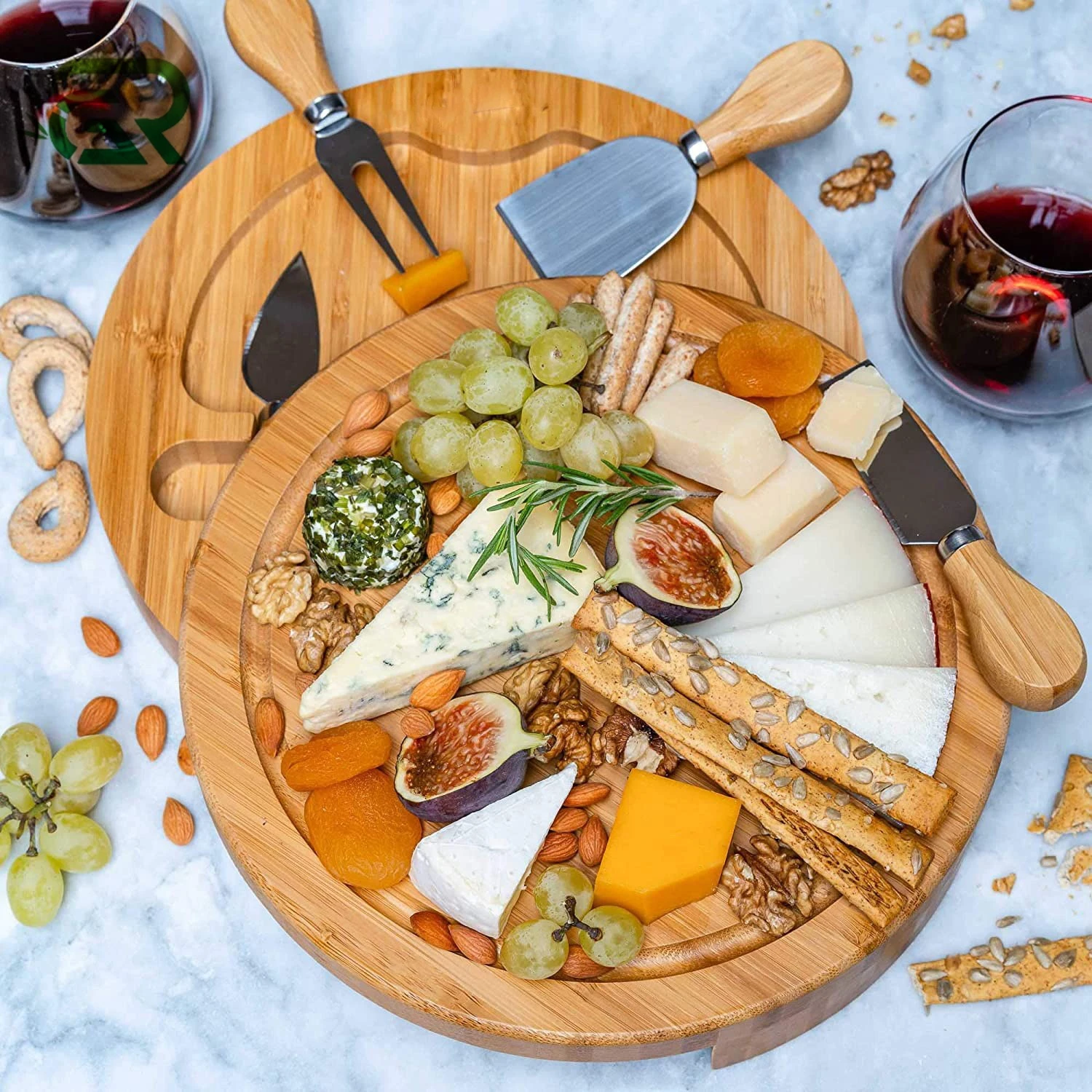 Charcuterie Platter Serving Tray With Slide-out Drawer for Wine Crackers Brie Meat Round Bamboo Cheese Board and Knife Set