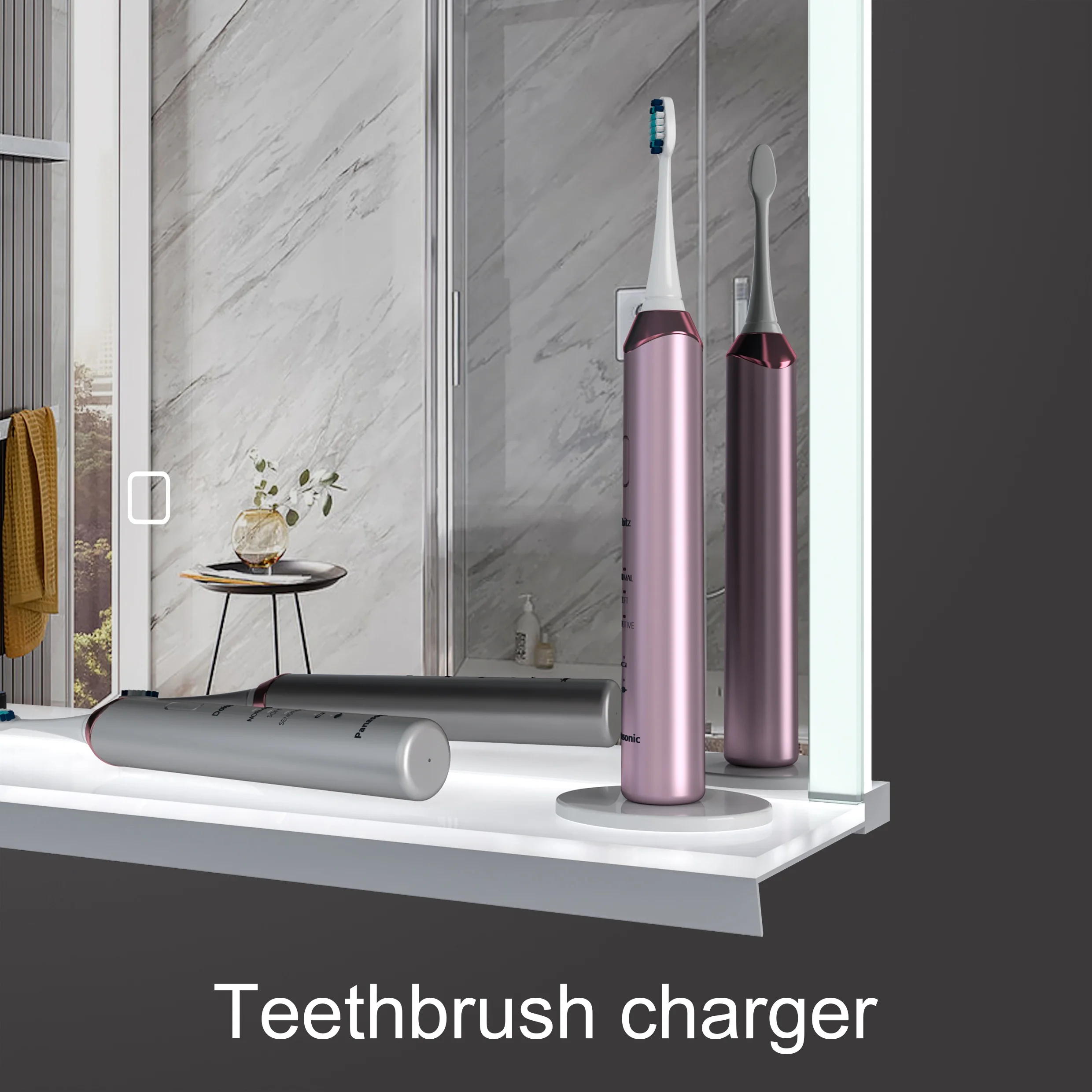 Smart Bathroom Mirror with Phone & Toothbrush Charger / Double Sided LED Mirror with Shelf