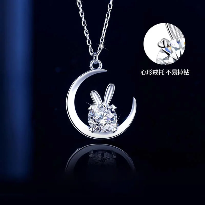 s925 Sterling Silver Moon Rabbit Moissanite Necklace Female 1 Carat Moissanite Snake Bone Chain Factory Outlet