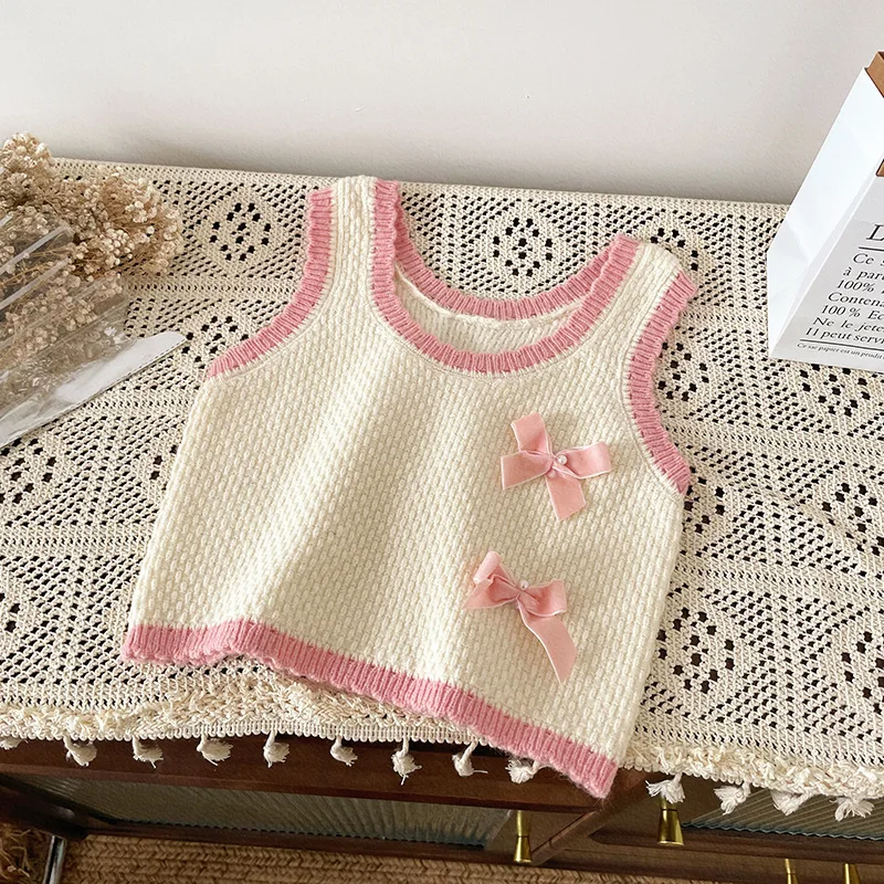 Autumn Summer fashion Baby Girl knitting vest casual sleeveless round collar knitted pullovers casual embroidery ladies knit top