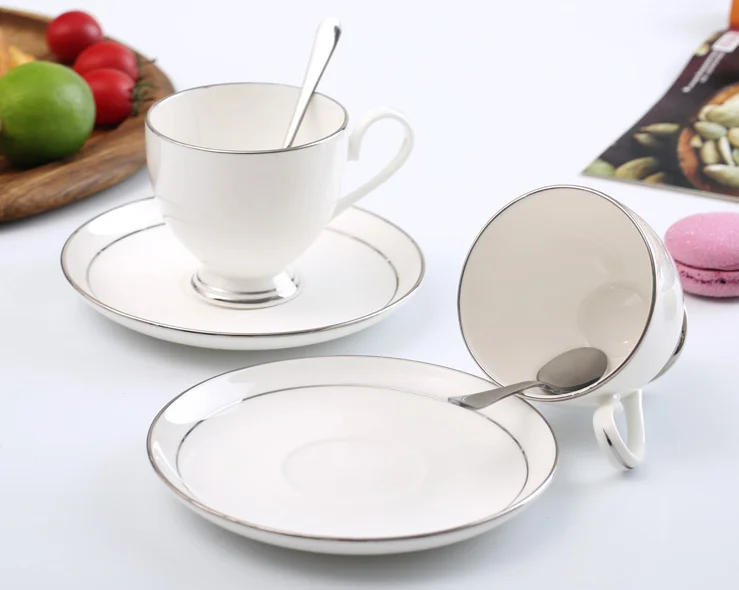 Cheap Price Turkish Bone China Coffee Cups Set White Porcelain Coffee Gold Silver Rim Personalized Tea Cups and Saucers