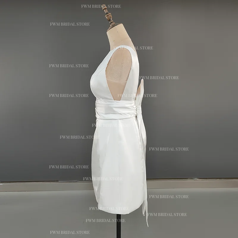 #15083 Real Photos Simple Short Sheath Boat Neck Wedding Dress Sleeveless Backless Belt Bow Stain Bridal Gown Even Party Skirt