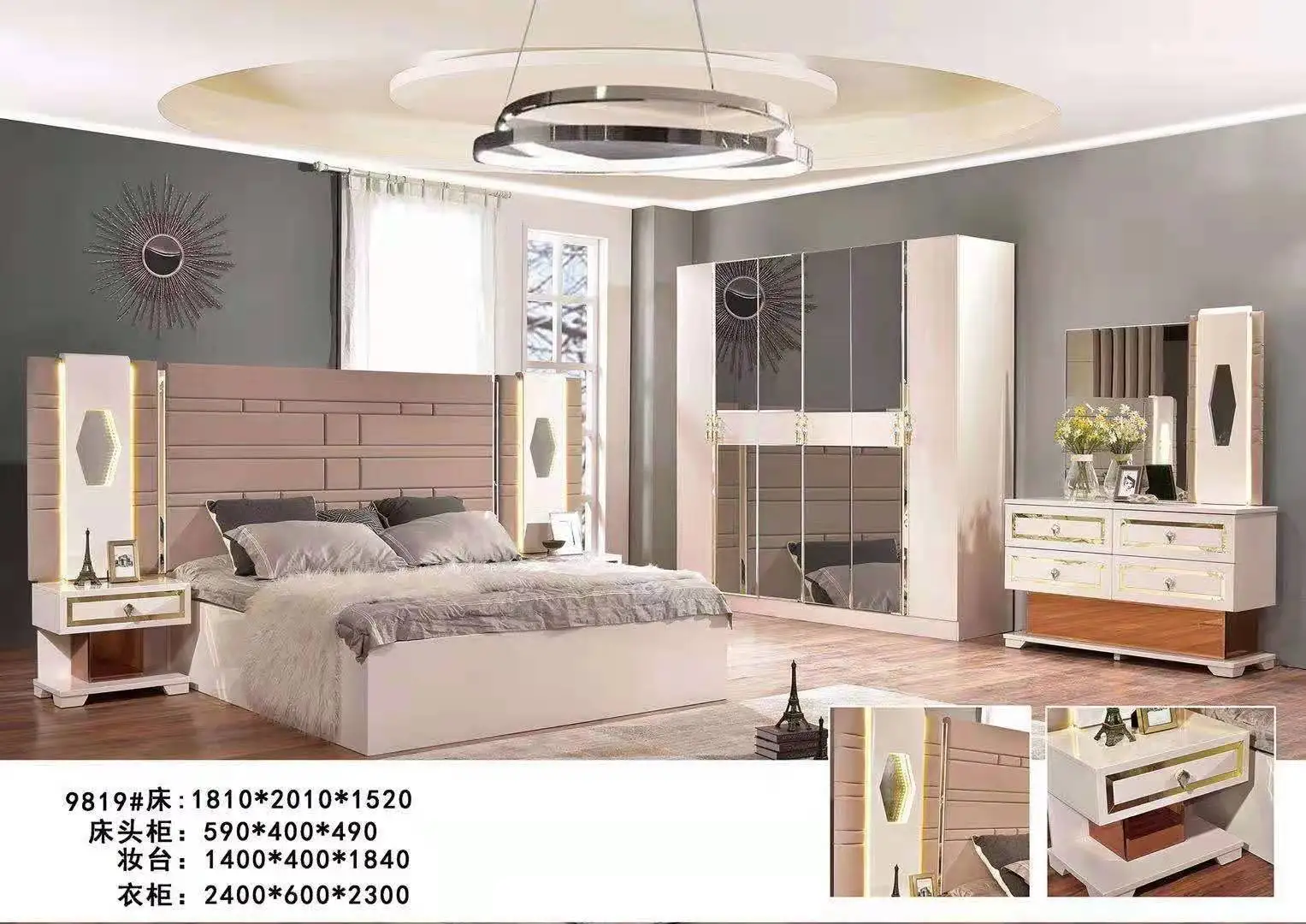 African glass mirrored elegant complete Bedroom Sets Luxury King Size LED lighted turkish bedroom furniture set 5pcs