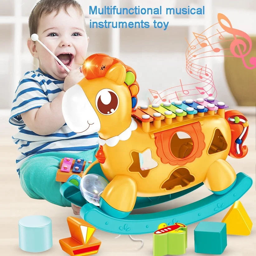 5 in 1 rocking horse shape eight tones baby knock organ piano toy musical instrument for kids xylophone music toys shapes sorter