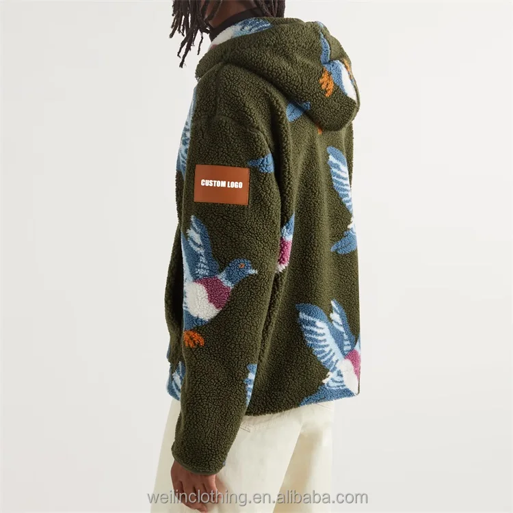 Custom full zipper up jacquard weave sherpa fleece hoodie for men