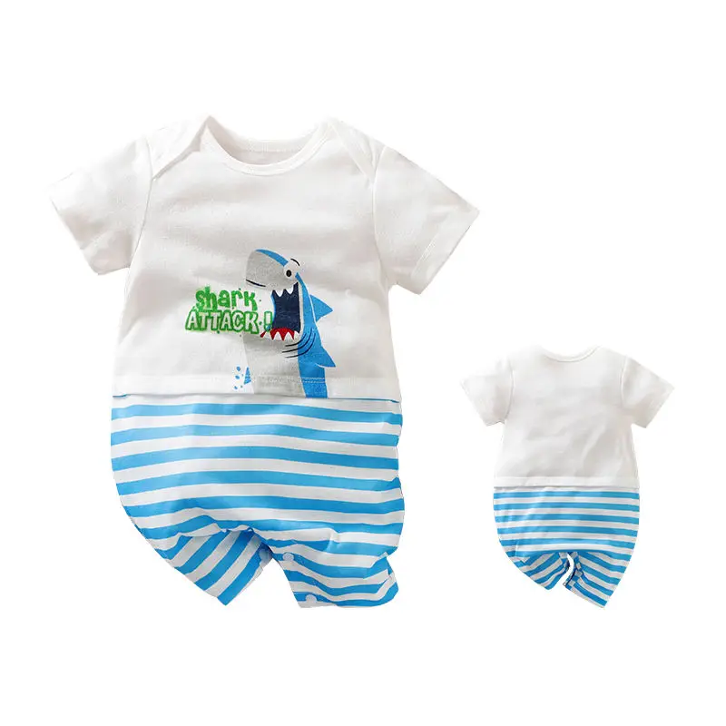 Wholesale Fashion Stripe Shark Print Short Sleeve Summer Newborn Infant Baby Boys Rompers Baby Onesie