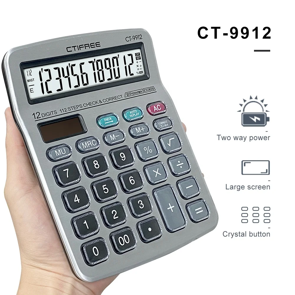 Professional large key 12 digit General Purpose Battery Power Office Calculator electronic calculator with Dual Power Popular