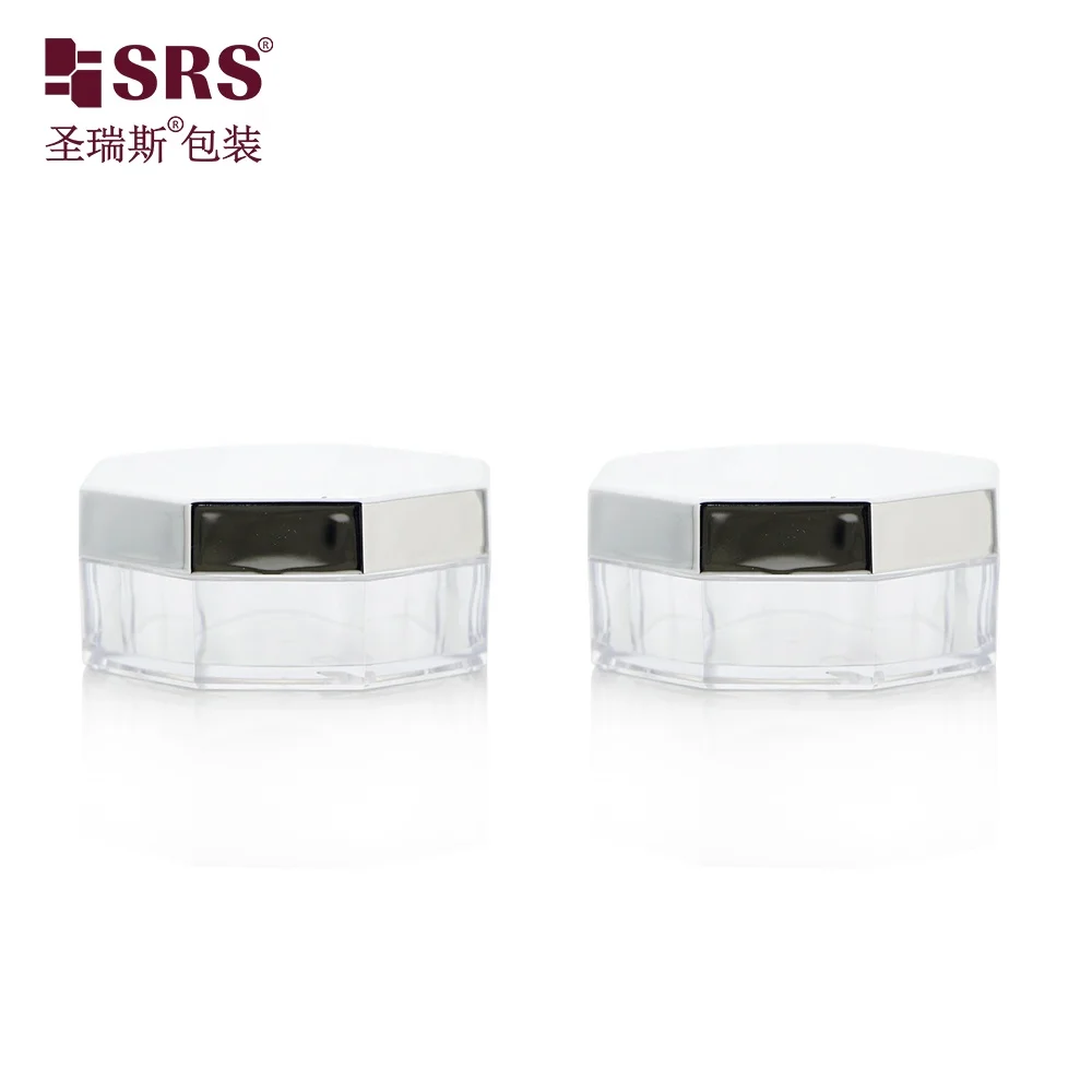 S029E-20g Wide Mouth Empty Plastic Loose Powder Jars with Puff For Make Up Setting Powder Octagon Shaped with Puff Silver Cap