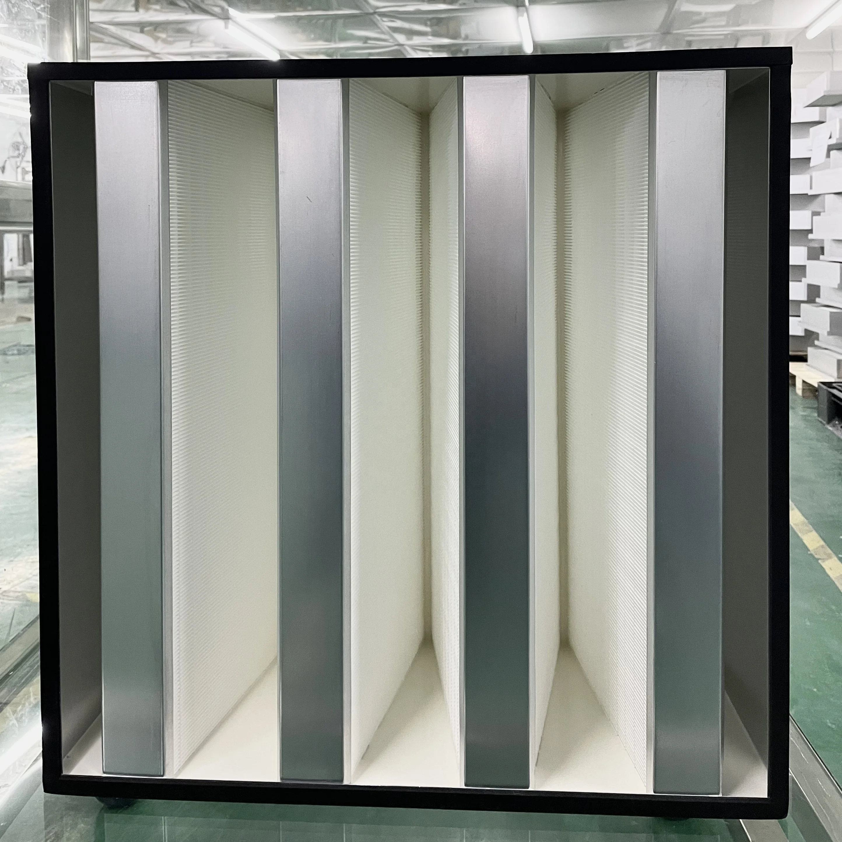 Hot Selling Galvanized Frame HEPA H14 Filter Industrial V-Bank 4V 5V Air Cleaner Big Airflow Glass Fiber Bank Type