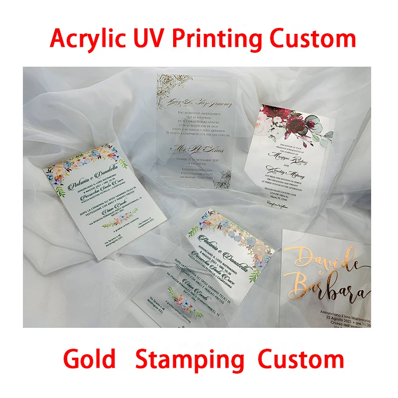 Nicro Custom Acrylic UV Printing Wedding Invitations Plexiglass Gold Stamping Envelope Wedding Invitation Cards
