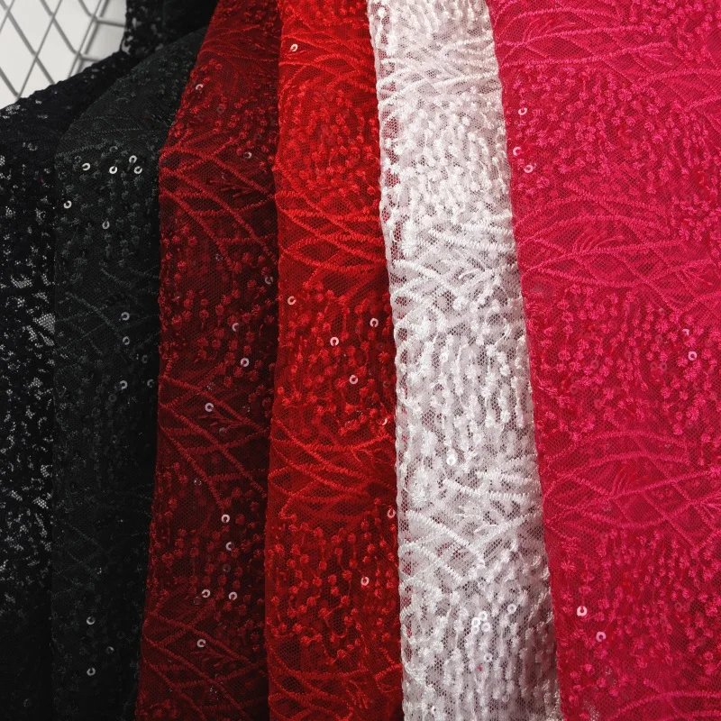 multi-color 100% polyester embroidery flower lace flower pattern jacquard small sequins fabric for wedding dress jeans