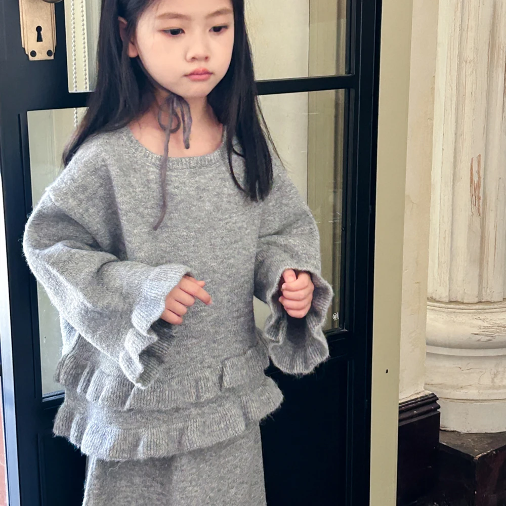 2024 Fall Baby Girls Clothes Two-Piece Suit Soft Solid Knitted Sweater+Skirt Clothing Sets for Girls