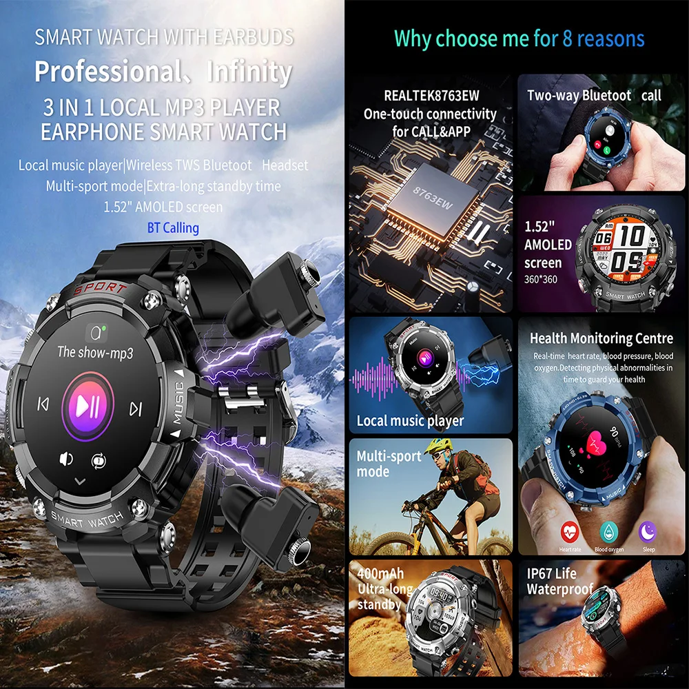T96 BT Call Tws 2 In 1 Earphone Smartwatch With Earbuds Heart Rate IP67 Waterproof Sport Smart Watch Tws Earphone