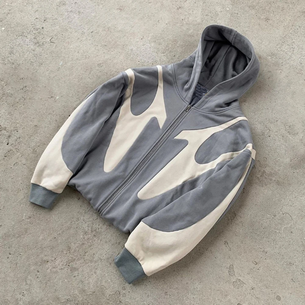 Heavy Weight Two Tone Colors Block Contrast Stitching Hoodie Patchwork 3D Embroidery Patches Painted Oversized Hoodies For Men