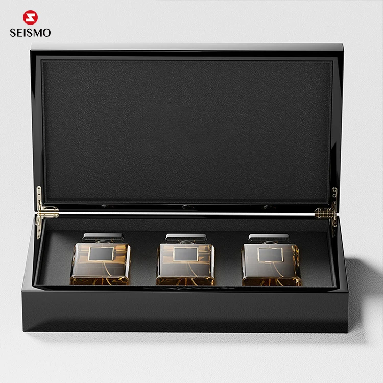 Custom Luxury Black Wooden Pack Man Perfumes Collection Package Gift Box Set Packaging For Men With Magnetic Cap