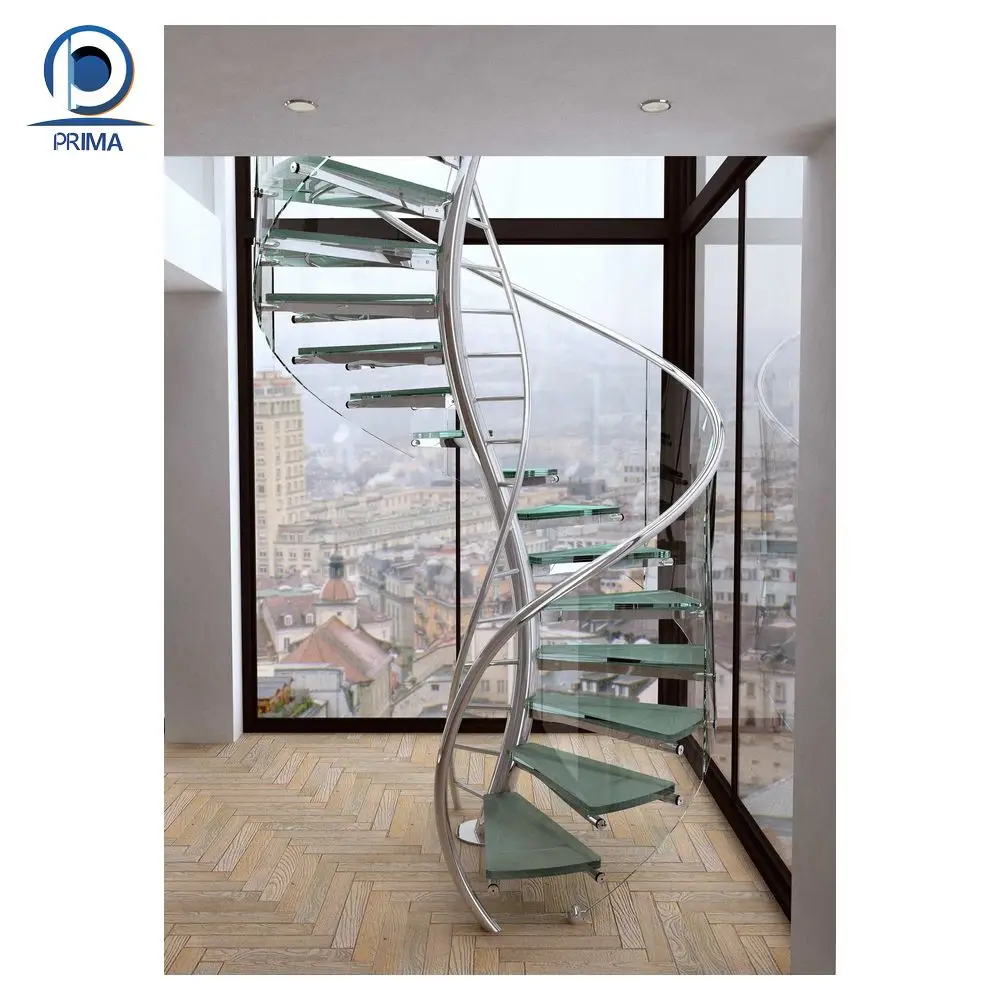 Prima Modern Spiral Staircase Wooden Stringer Treads Staircase With Glass Railing