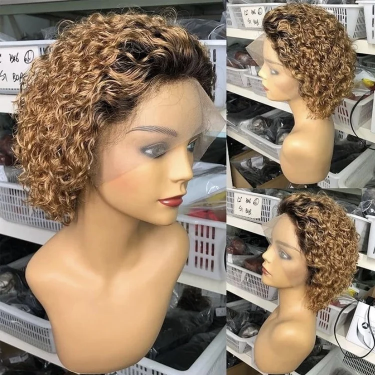 
Black to Honey Blonde 2T Ombre Short Curly Brazilian Cuticle Aligned Raw Hair Pixie Cut Lace Front Wigs for Black Women 
