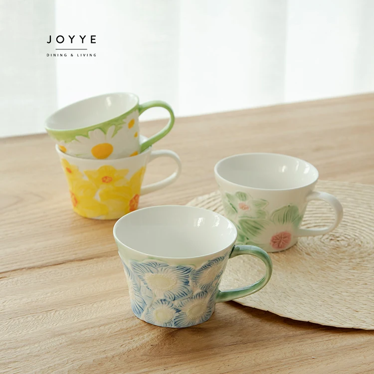 Joyye Hand Painted Embossed Flower Pattern Cup Set Custom Ceramic Stoneware Mike Coffee Mugs for Free Sample