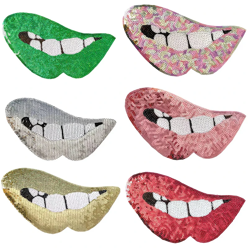 On Sequin Embroidery Patch for Clothing Lips Iron Fashion Design Sequin Patch Large Red Patches Iron-on Backing Sustainable 16cm