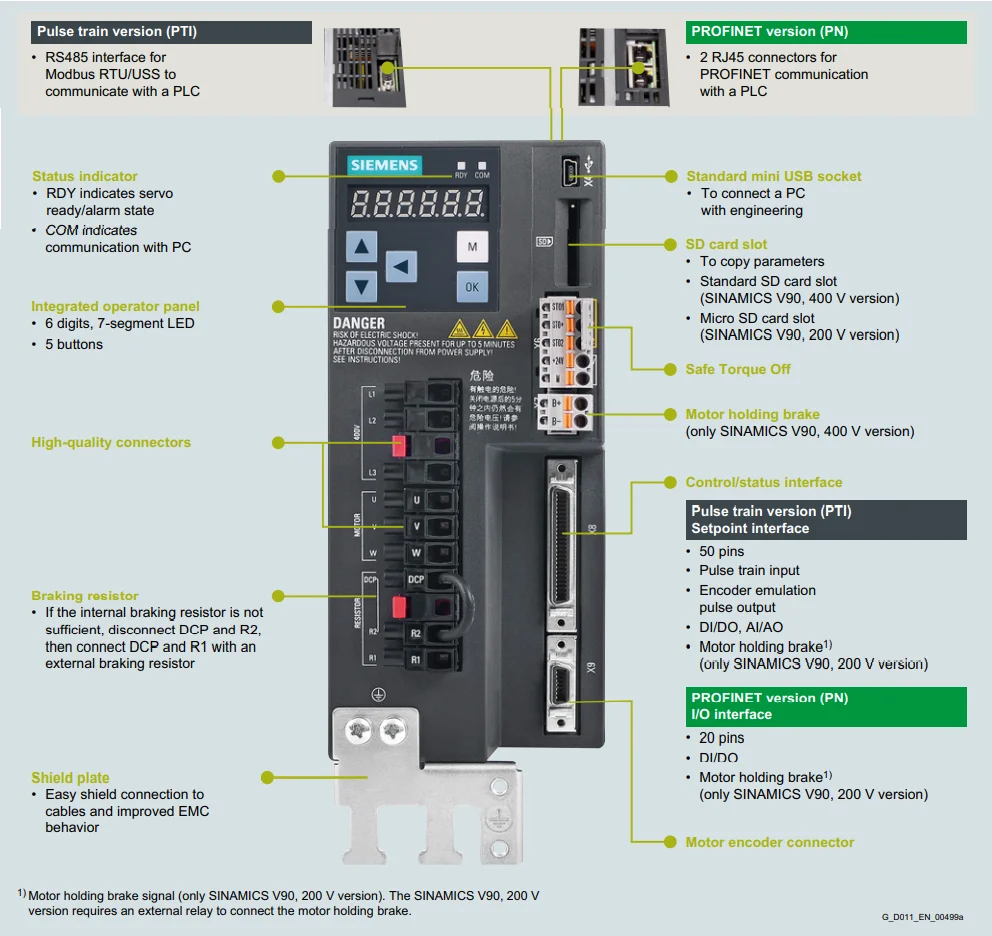 Siemens V90 Servo Motor 400W 1FL6034-2AF21-1LA1 1.27NM 3000RPM 2.6A Multi-turn Absolute Value Encoder