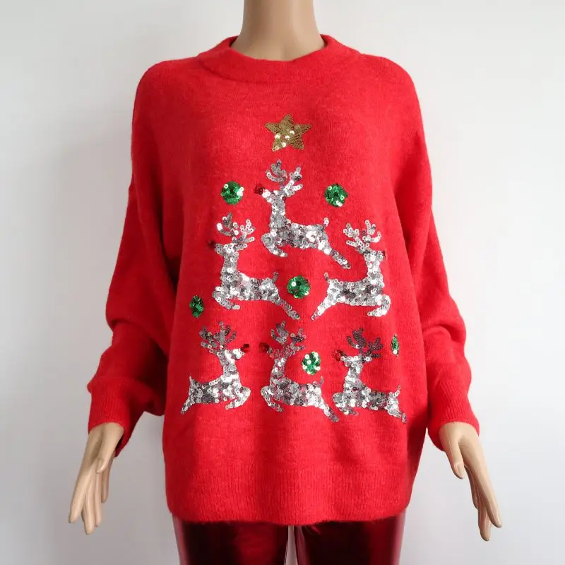 
Ugly Christmas jacquard sweater sequin embroidery knit cardigan and winter Elf ,gift box, pullover with bells ,pompoms 