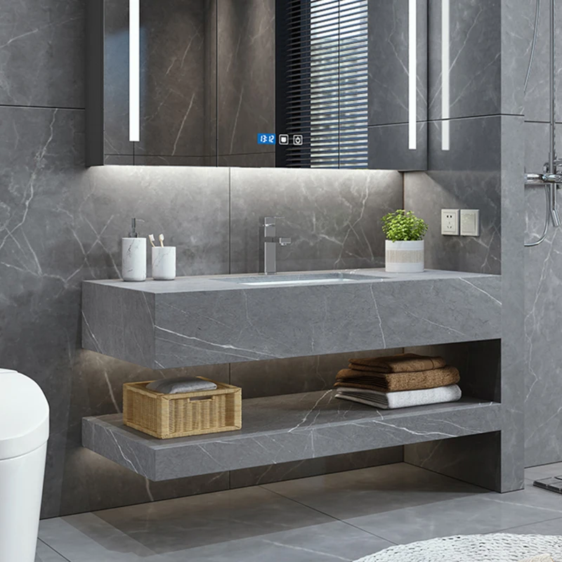 Integrated wall hung artificial stone basin bathroom rock plate porcelain sink waschbecken marmor grau cabinet basin