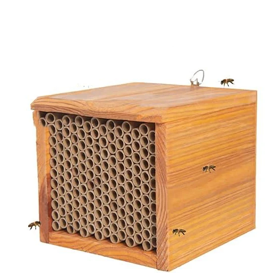 Wooden beehives are waterproof natural hand-decorated to attract peaceful bee pollinators bee preservation gifts