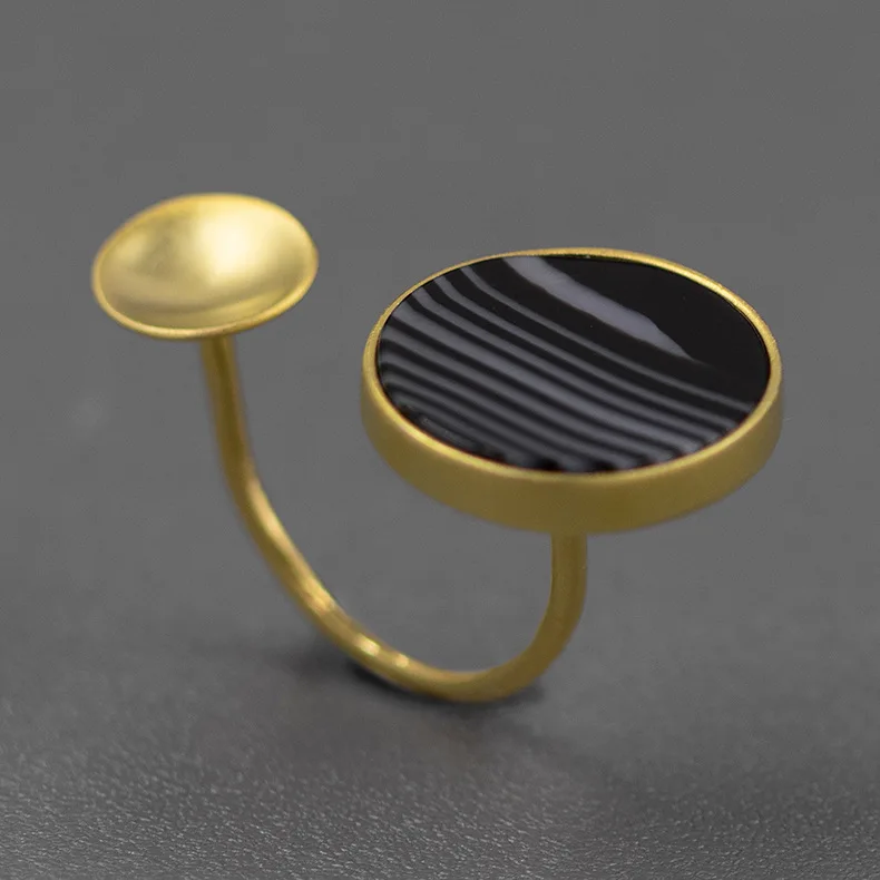 Handmade 925 Sterling Silver Natural Agate Black and White Round Adjustable Rings