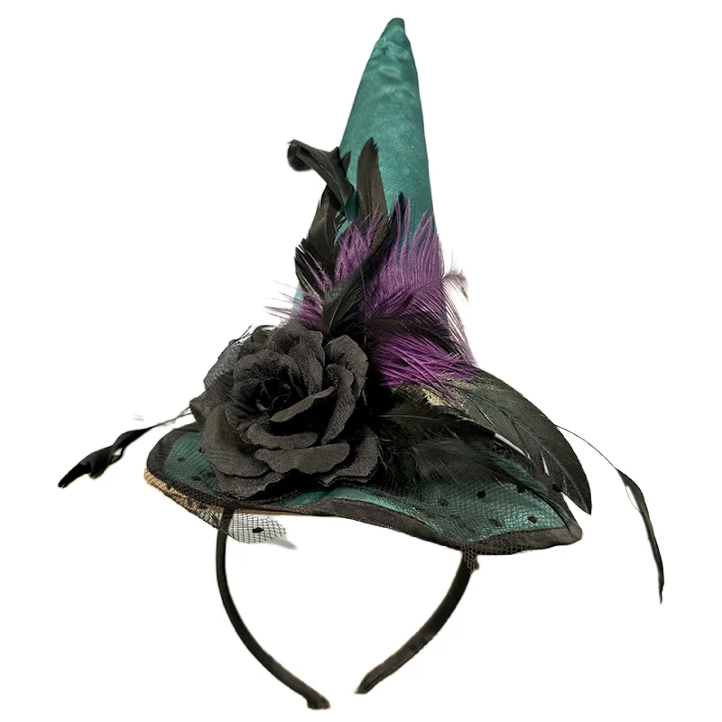 Halloween Witch Hat HairHoops Black Flower Party dress up Feather Hairband Hair Accessories Woman Girls Headband