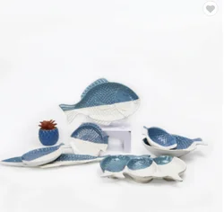 Redeco Ocean Style Tableware Creative Ceramic Fish Shape Dinner Plate Nordic Blue And White Ceramic Tableware