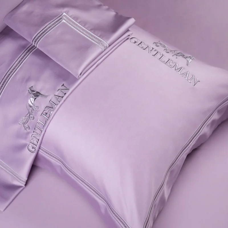 Purple Four Piece Bedding Sets 100% Cotton Simple Style Luxury Wedding Bridal Duvet Cover Bed Sheet Sets
